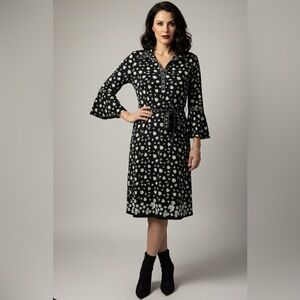MAX STUDIO Dark Floral Bell Sleeve Midi Belted Dress Womens L Whimsygoth Vamp